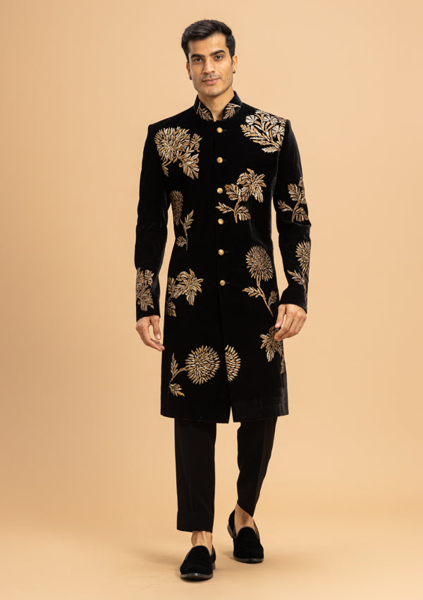 Brown Velvet Sherwani With Pita Work