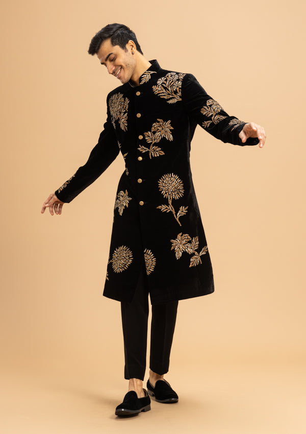 Brown Velvet Sherwani With Pita Work