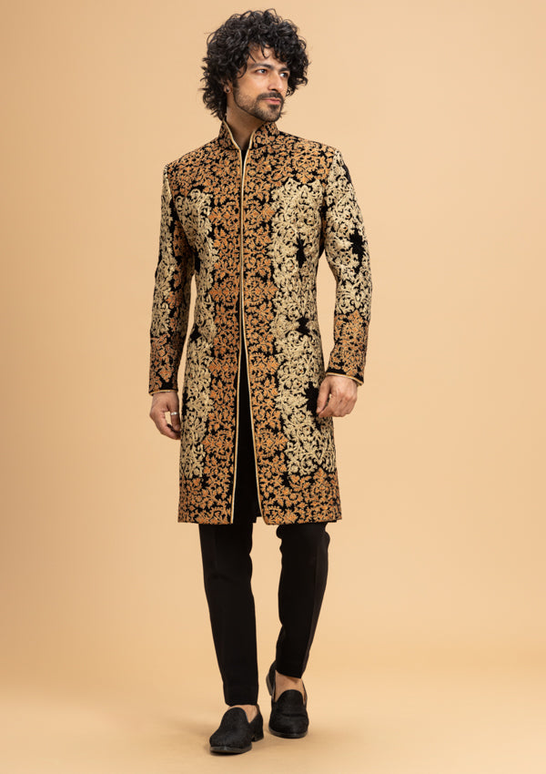 Black Velvet Sherwani with Kasab and Thread work