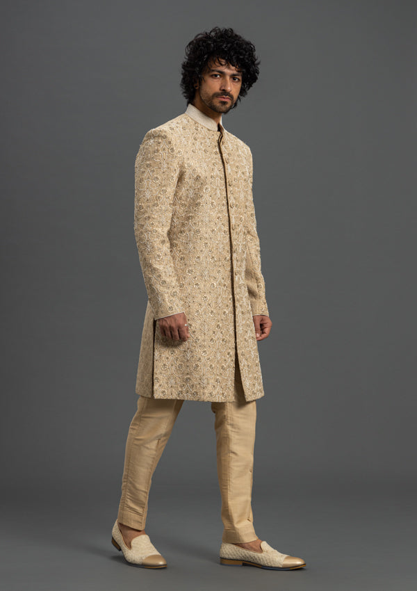 Beige Raw Silk Sherwani with thread & Pearl work