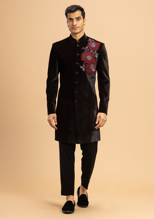 Wine Velvet Indo Western With Sequence Work