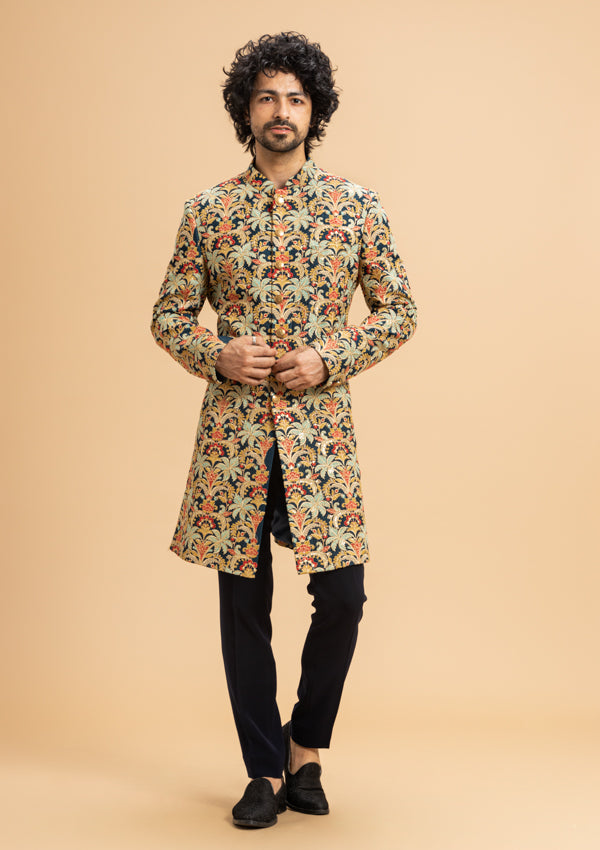 Multi-Coloured Crape Sherwani with Thread & Kasab work