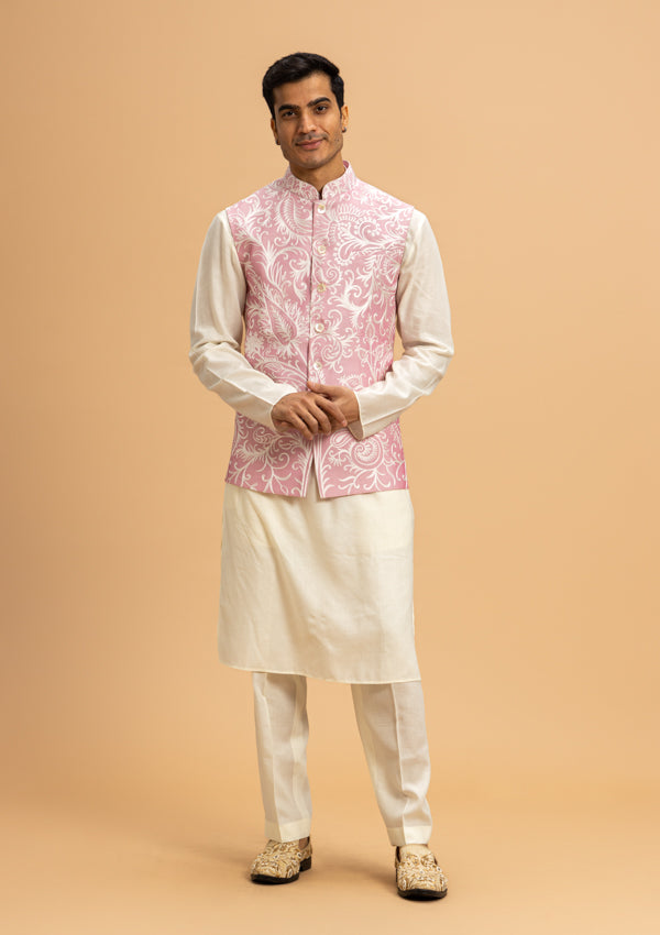 White & Pink Raw Silk Bandi Jacket with Koti Machine work