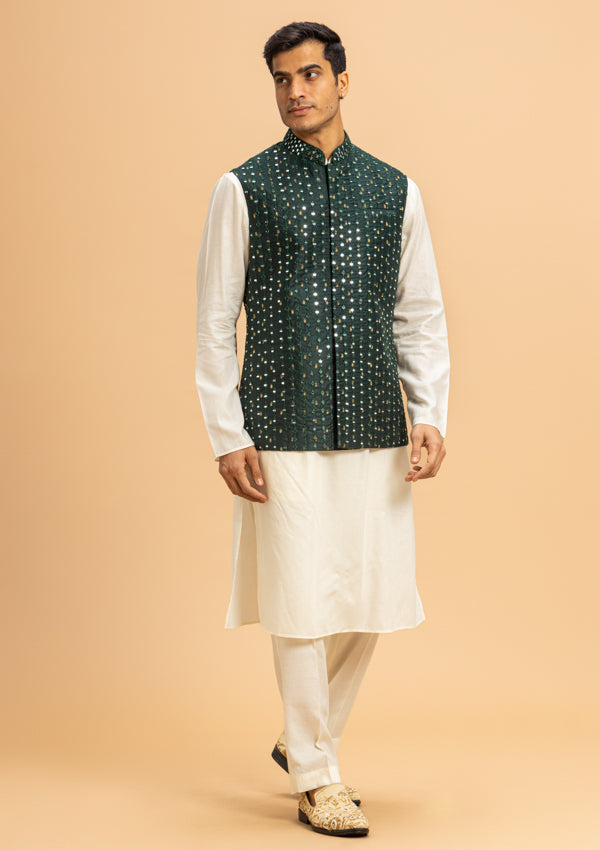 White & Green Silk Bandi Jacket with mirror work