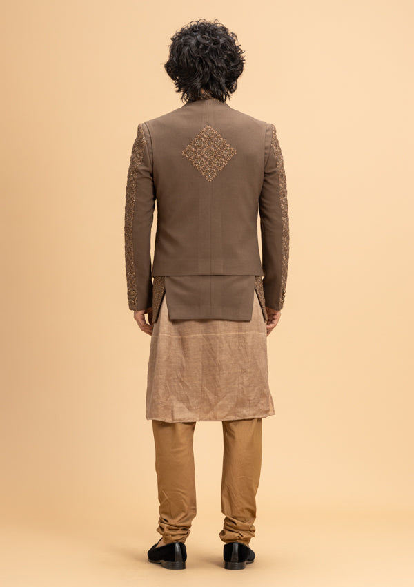 Brown Italian Bandhgala With Velvet Machine Embroidery