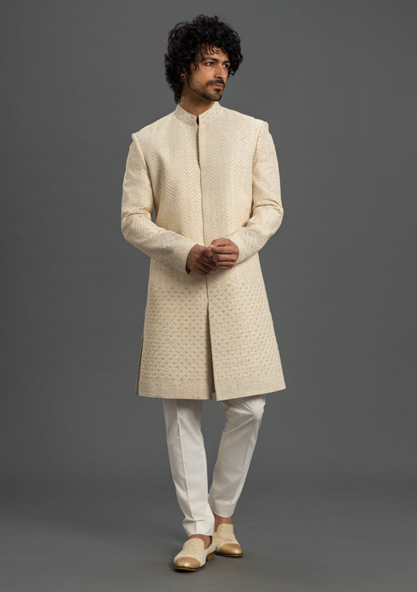 Beige Raw Silk Sherwani with Thread Work