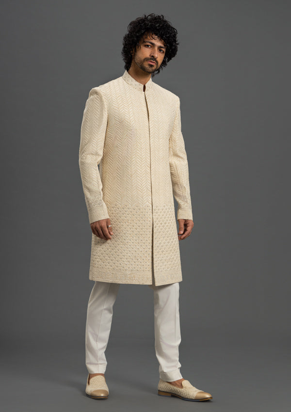 Beige Raw Silk Sherwani with Thread Work