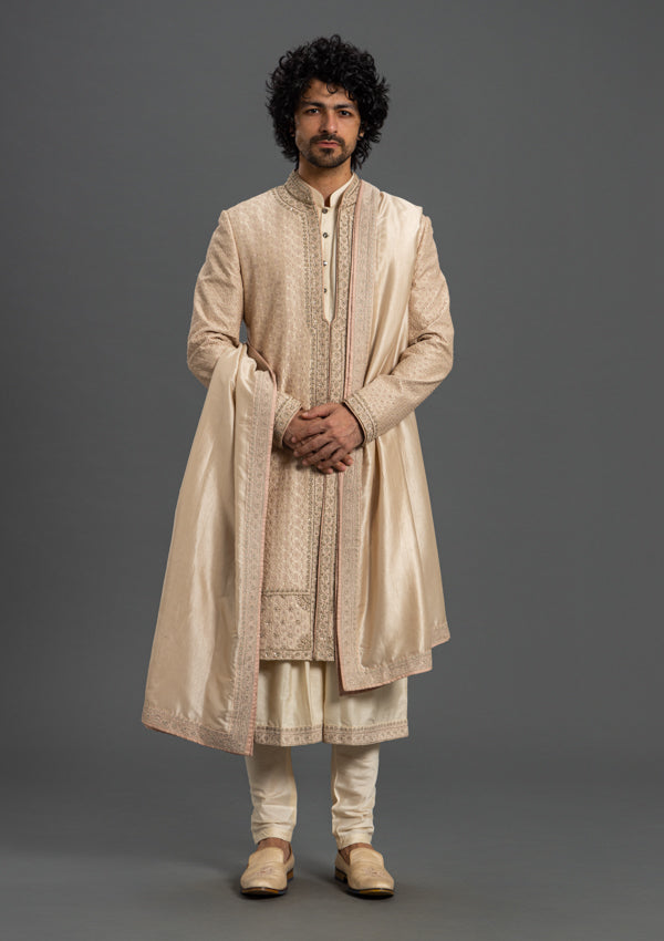 Beige Firesilk Zardozi Sherwani with Thread Work