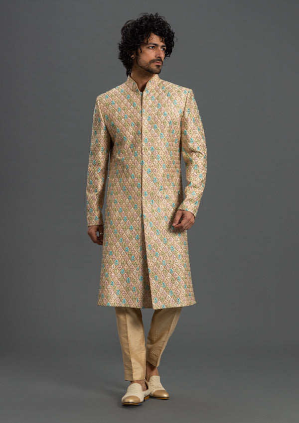 Beige Raw Silk Sherwani with Threadwork