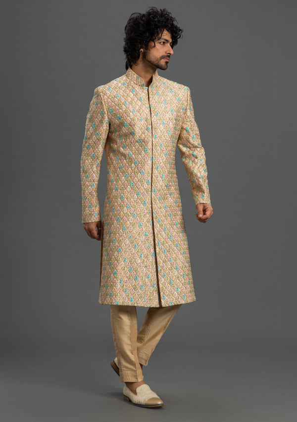 Beige Raw Silk Sherwani with Threadwork