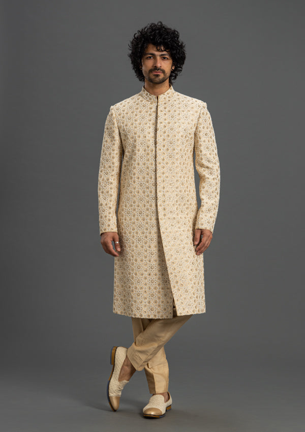 Beige Silk Sherwani with Thread Work