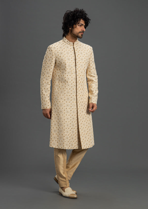 Beige Silk Sherwani with Thread Work