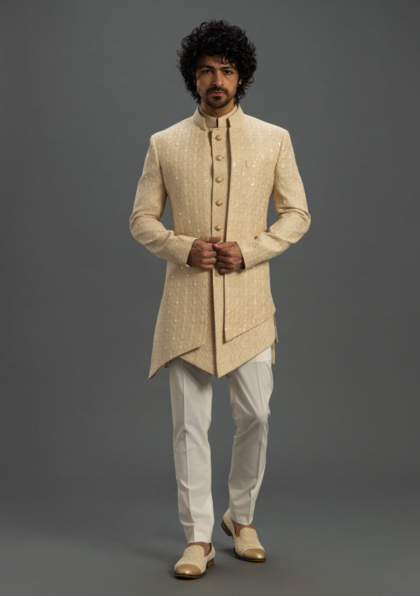 Beige Lucknowi Indo-Western Sherwani with Thread & Mirror Work