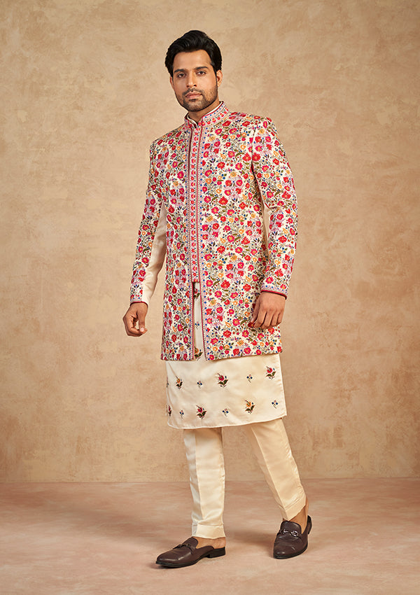 Beige silk Indo western kurta with multi colour thread work