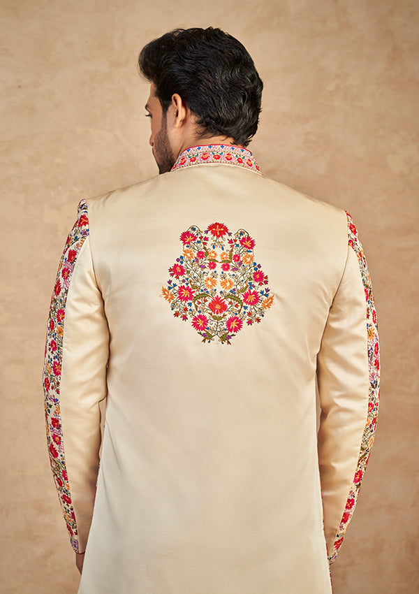 Beige silk Indo western kurta with multi colour thread work