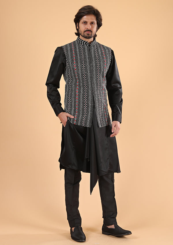 Black Raw Silk and linen satin Kurta Pyjama with Thread Work