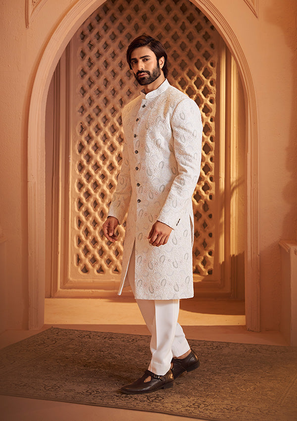 Ivory Georgette Lucknowi Sherwani with Multicolour Resham Embroidery