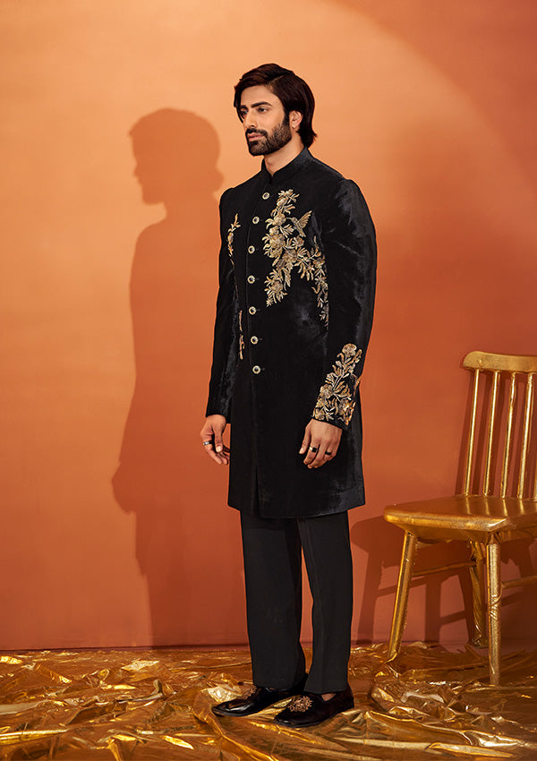 Black Velvet Indo Western with Handcrafted Zari and Tiki Work