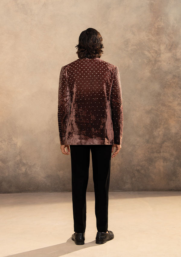 Brown Velvet Jodhpuri Set with All Over Gunmetal Hand Work