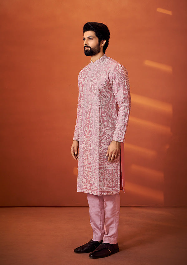 Rose Gold Raw Silk Kurta with Handcrafted Resham Thread and Pearl Detailing