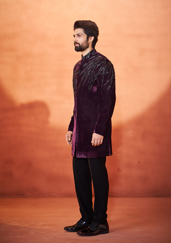 Wine Velvet Indo Western Sherwani With Handcrafted Stone Work