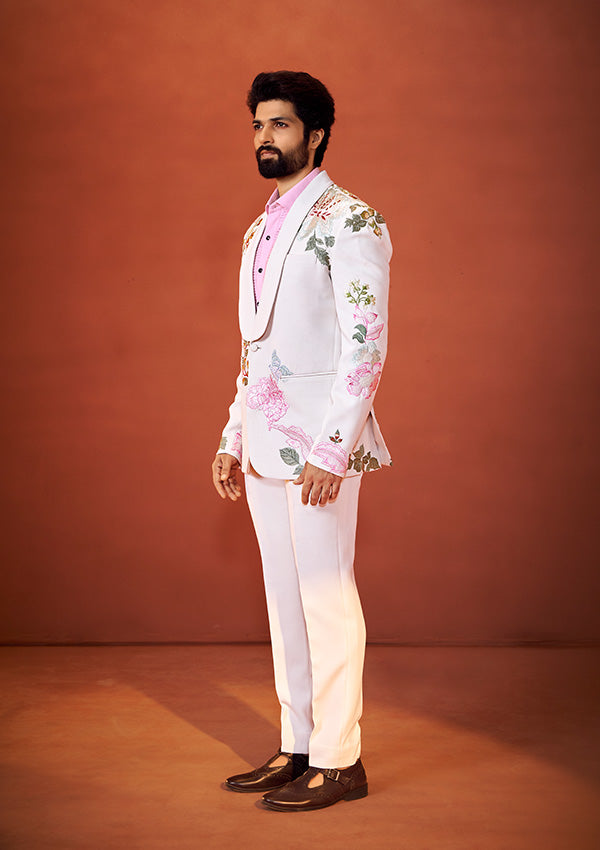 Ivory Textured Tuxedo Suit with Multicolour Resham Thread and Beaded Embroidery