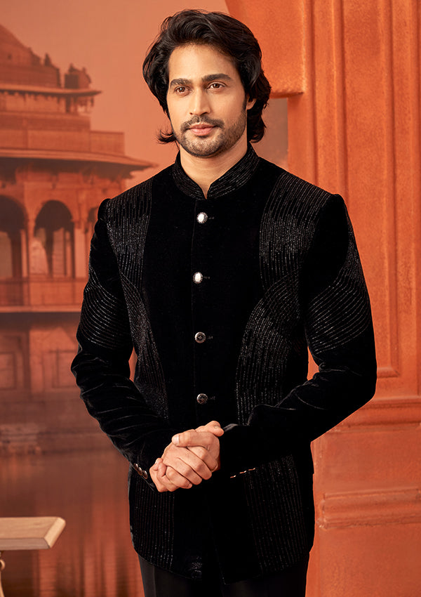 Black Velvet Bandhgala With Kasab Design Work