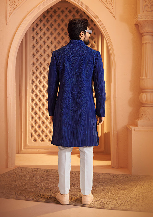 Royal Blue Enigma Indo Western Sherwani with Handcrafted Thread Embroidery