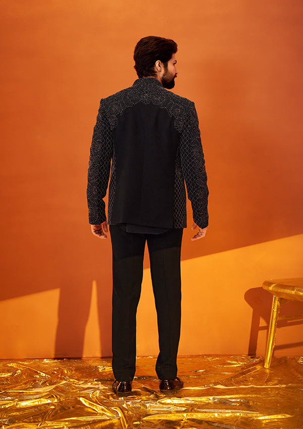 Black Armani Bandhgala with Gunmetal Pearl Embroidery