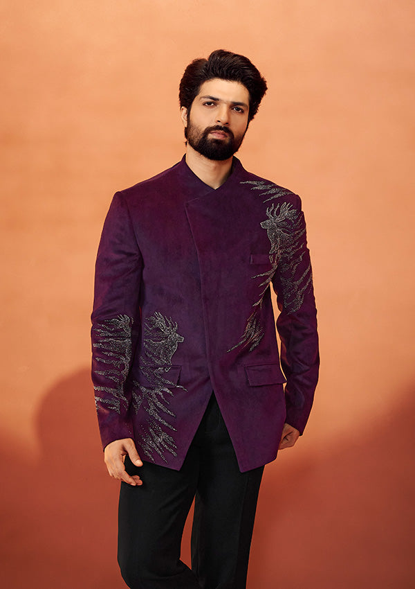 Wine Velvet Bandhgala with Handcrafted Pot Work