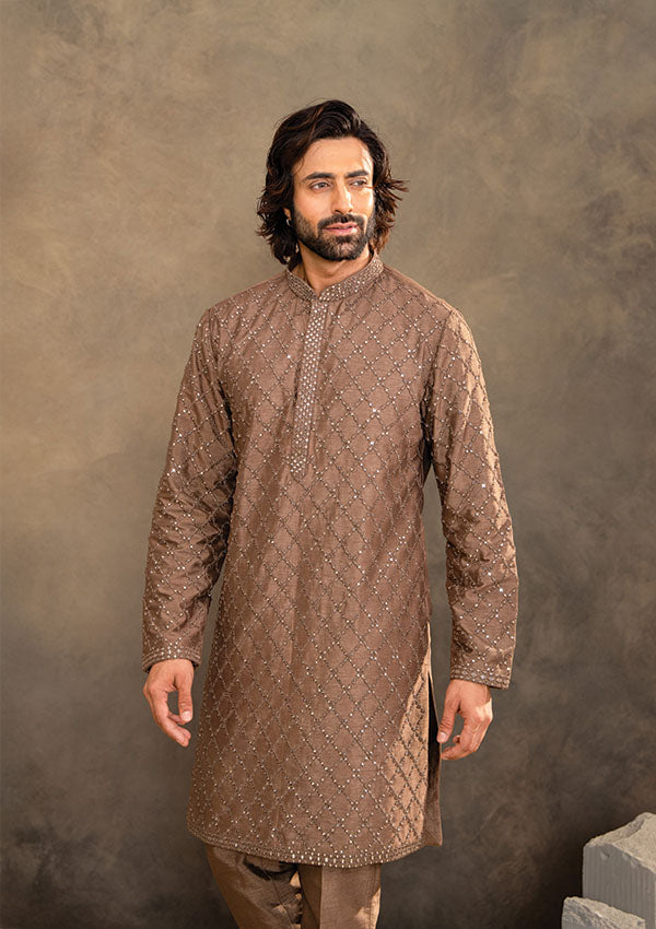 Mehndi Brown Dupion Silk Indo Western Set with Thread and Mirror Work