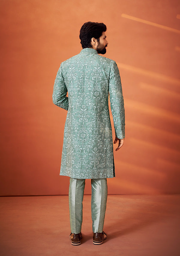 Sage Green Raw Silk Sherwani with Resham Thread and Pearl Hand Work
