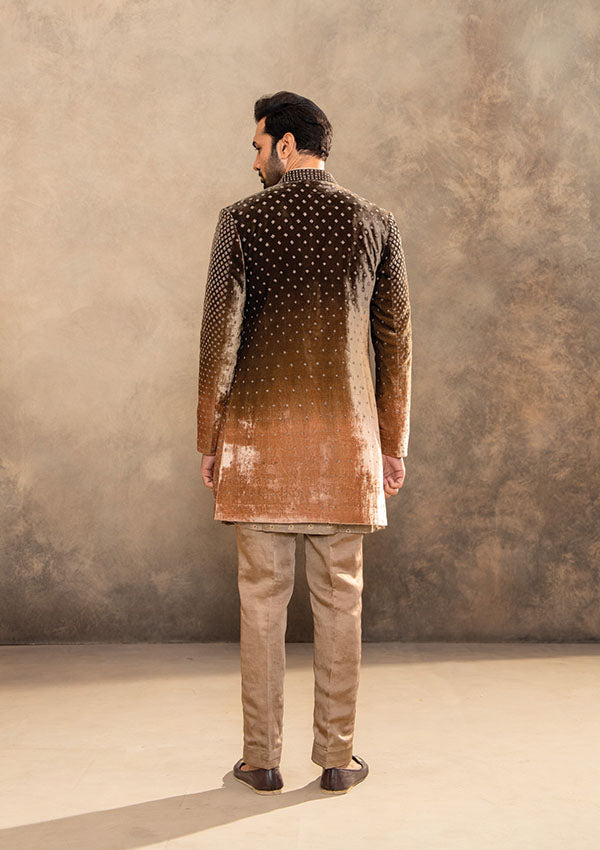 Brown Velvet Indo Kurta Set with Gunmetal and Buti Kasab Hand Work