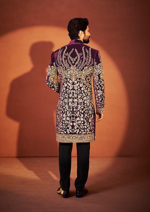 Maroon Wine Velvet Sherwani with Resham Thread and  Pearl Detailing