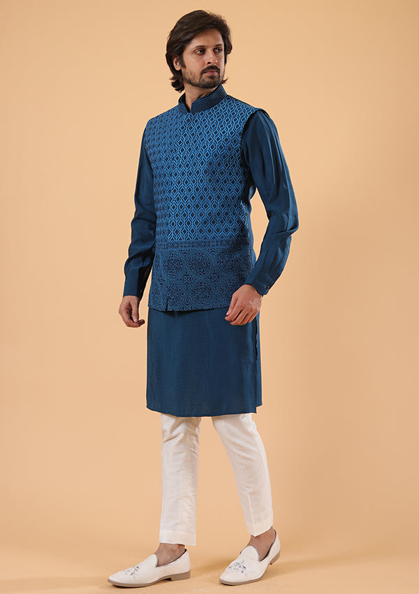 Blue silk Kurta Pyjama and Koti with Thread Work