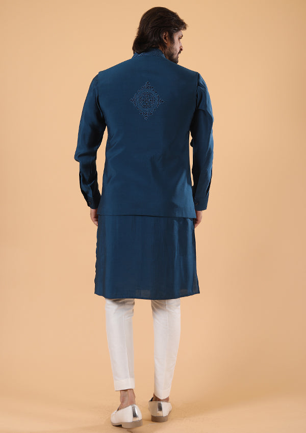 Blue silk Kurta Pyjama and Koti with Thread Work