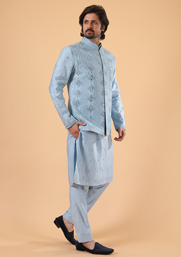 Light Blue Silk Kurta Pyjama Koti with Mirror and Thread Work.