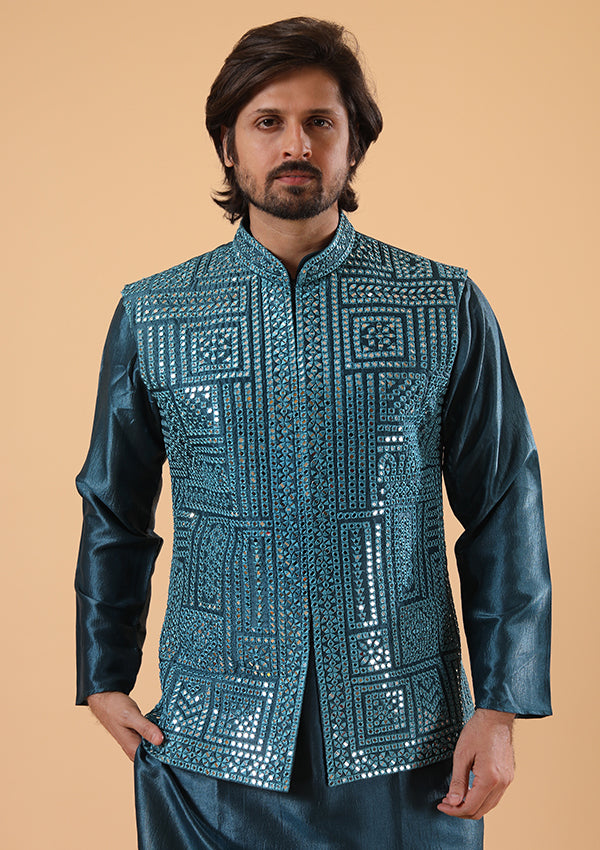 Teal blue silk Kurta Pyjama Koti with Mirror and thread work