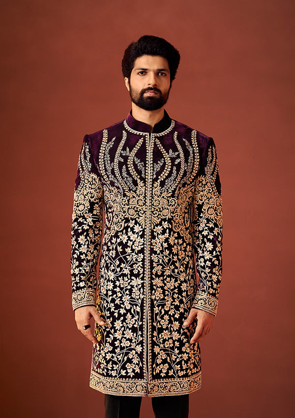 Maroon Wine Velvet Sherwani with Resham Thread and  Pearl Detailing