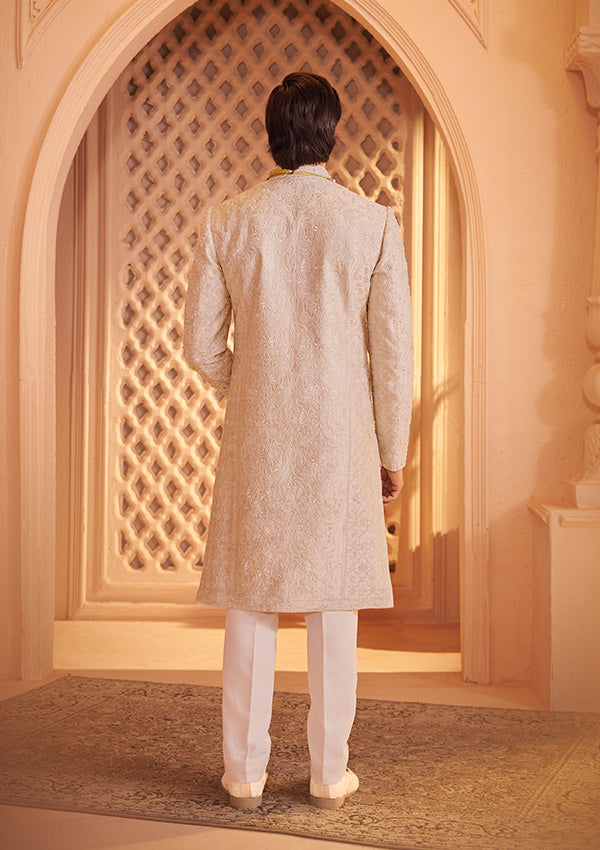 Light Cream Raw Silk Sherwani Resham Work with All-over Zari & Pearl Detailing