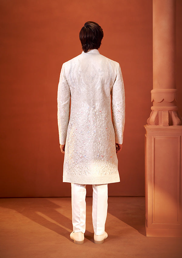 Off White Raw Silk Sherwani with Signature Resham Thread and Pure Pearl Work