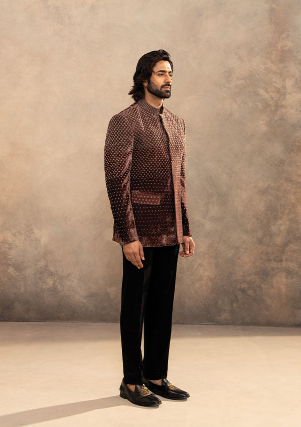 Brown Velvet Jodhpuri Set with All Over Gunmetal Hand Work
