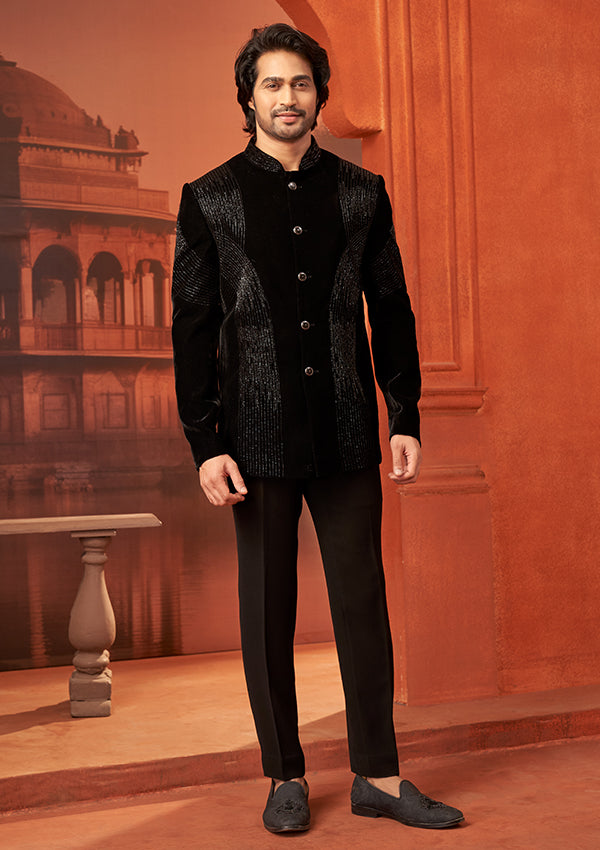 Black Velvet Bandhgala With Kasab Design Work