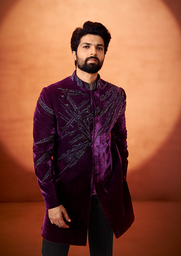 Wine Velvet Indo Western Sherwani With Handcrafted Stone Work
