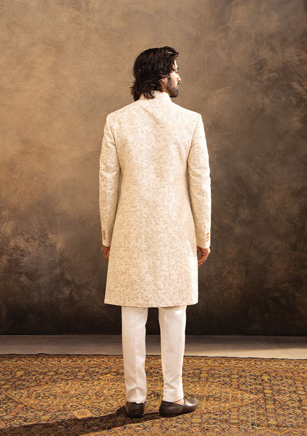 Ivory Raw Silk Sherwani Set with Kasab Machine Work and Shawl