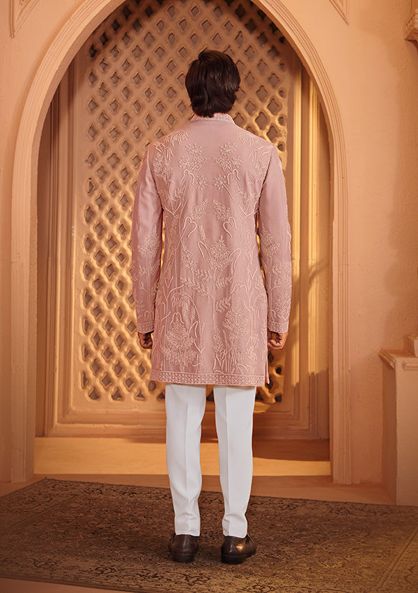 Grey Satin Silk Indo Western with All-over Pearl Hand Work