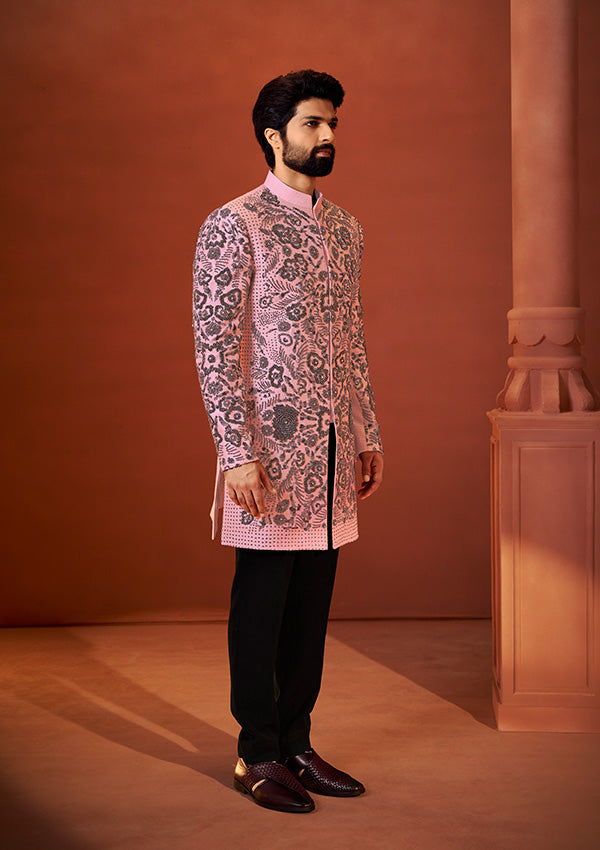Light Peach Raw Silk Indo Western Sherwani with Handcrafted Oxidized Stone Embroidery