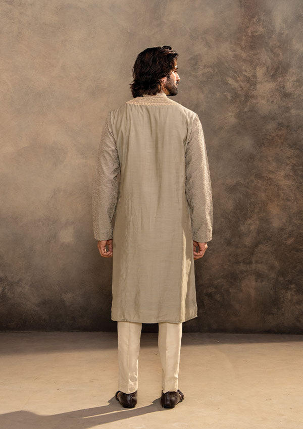 Light Green Spun Silk Kurta Set with Shawl and Kasab Tiki Work
