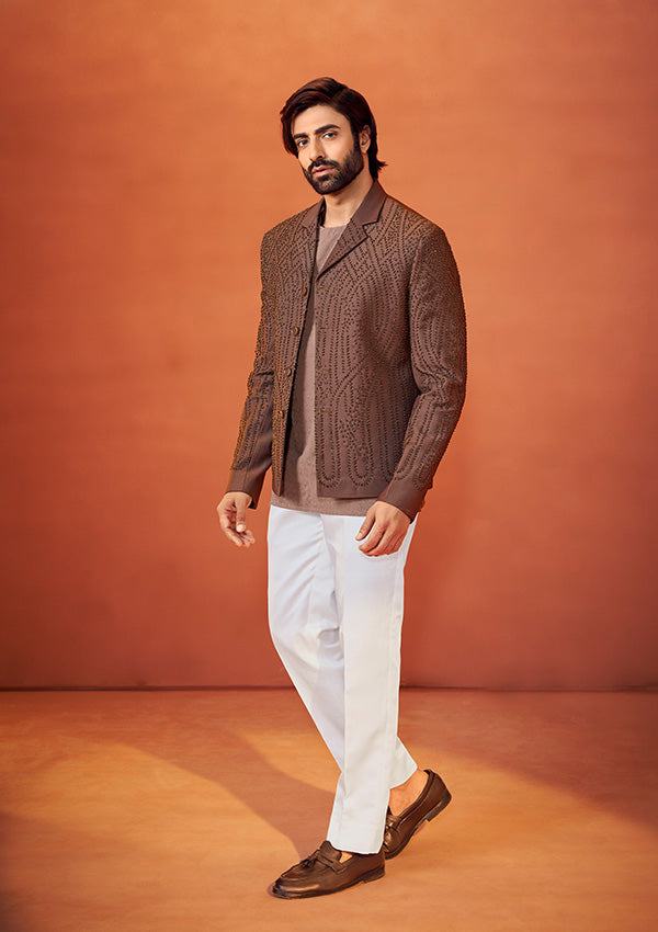 Light Brown Textured Bandhgala with Golden Pearl Detailing