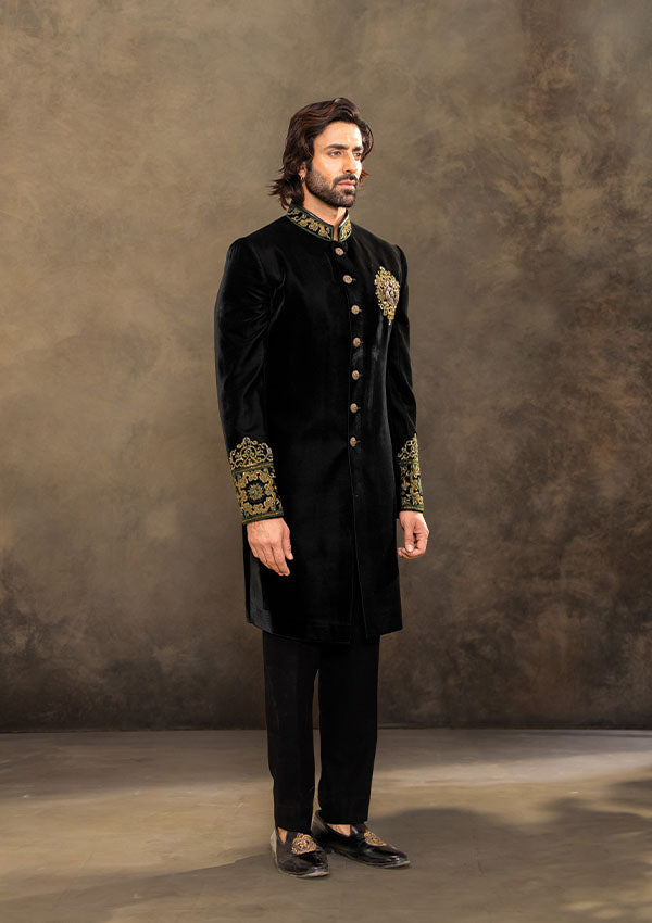 Green Velvet Indo Western Set with Oxidised Zardosi and French Knot Work